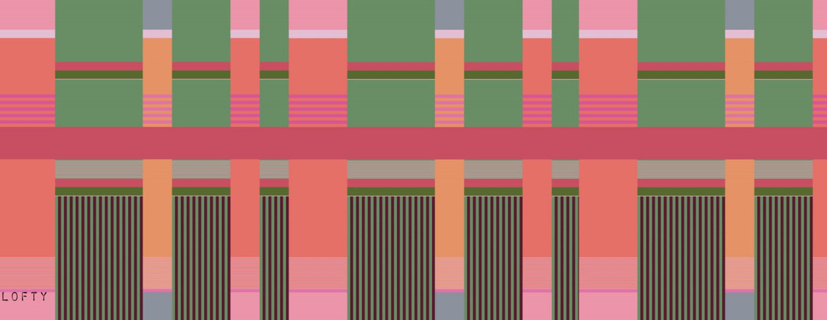 A colorful abstract geometric artwork with repeating vertical stripes and blocks in pink, green, coral, peach, gray, and dark brown, with the word 'LOFTY' visible in small text near the lower left.